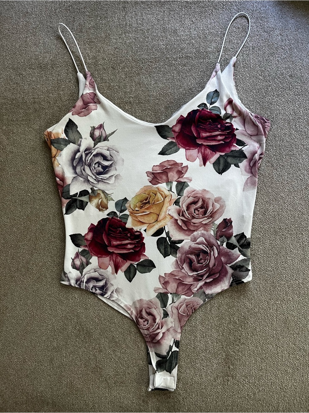 gaze Floral Rose Print White Bodysuit with Burgundy & Yellow Accents